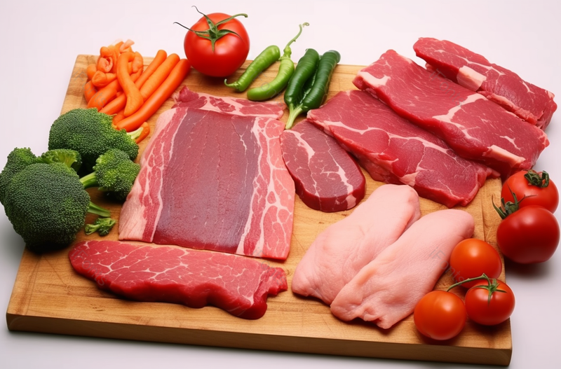 西兰花西红柿红肉猪肉羊肉牛肉瘦肉木质案板厨房白色背景,高清,摄影图,摄影图片,图片大全,摄影图免费下载
